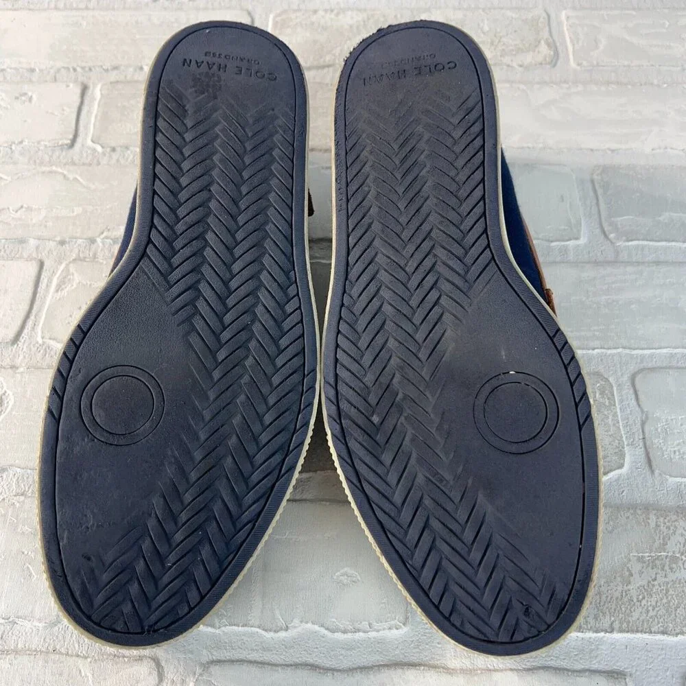 Cole Haan‎ Mens 9.5 M Nantucket 2.0 Navy Blue Brown Canvas Slip On Penny Loafer